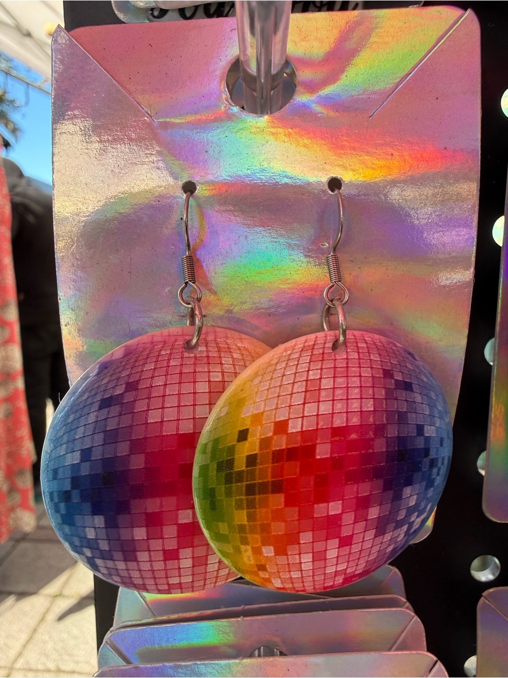 Holographic Rainbow Disco Ball Dangle Earrings - Fashion Accessory
